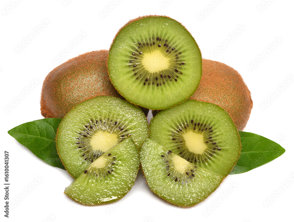 Fototapeta premium Ripe kiwi fruit whole and sliced with leaf isolated on white background. Juice, healthy vegetarian food