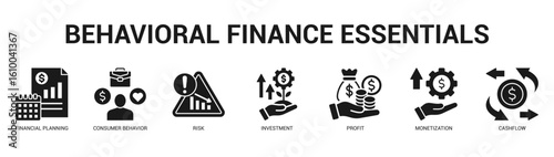 Behavioral Finance Essentials Modern and clean web banner illustration featuring thematic icons for visual communication