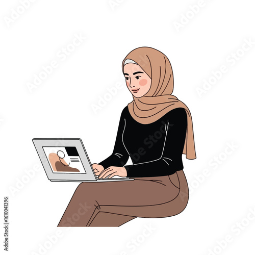 A stylized illustration of a woman in a hijab working on a laptop.