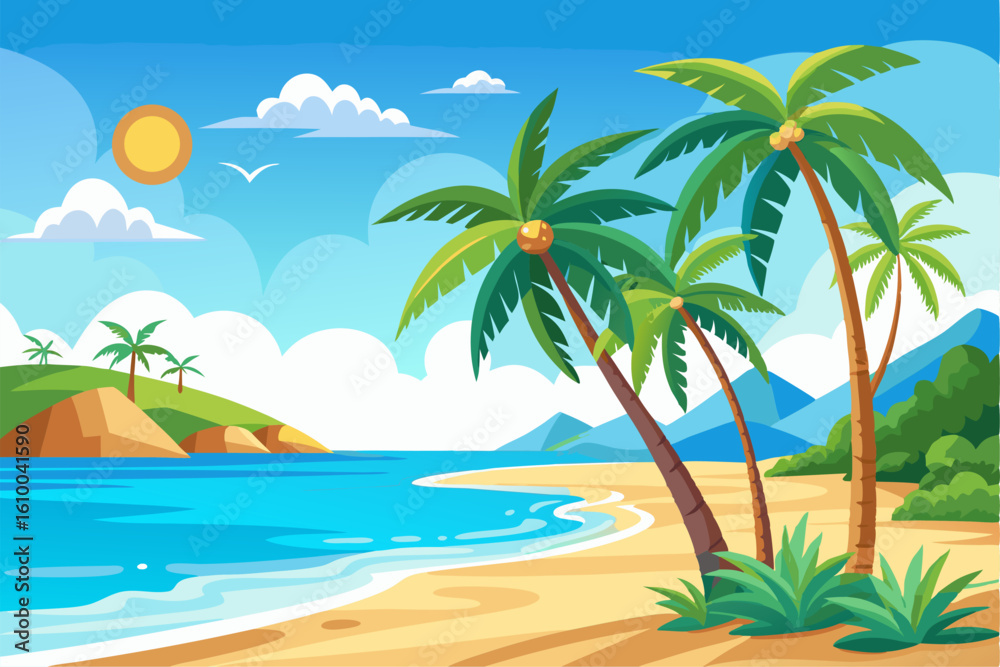 Obraz premium Vibrant vector illustration of a tropical beach with golden sand, turquoise ocean waves, and lush palm trees under a bright blue sky.