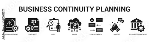 Business Continuity Planning Modern and clean web banner illustration featuring thematic icons for visual communication