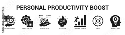 Personal Productivity Boost Modern and clean web banner illustration featuring thematic icons for visual communication