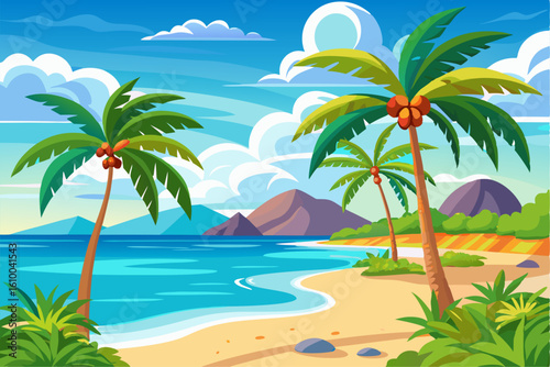 Vibrant vector illustration of a tropical beach with golden sand, turquoise ocean waves, and lush palm trees under a bright blue sky.