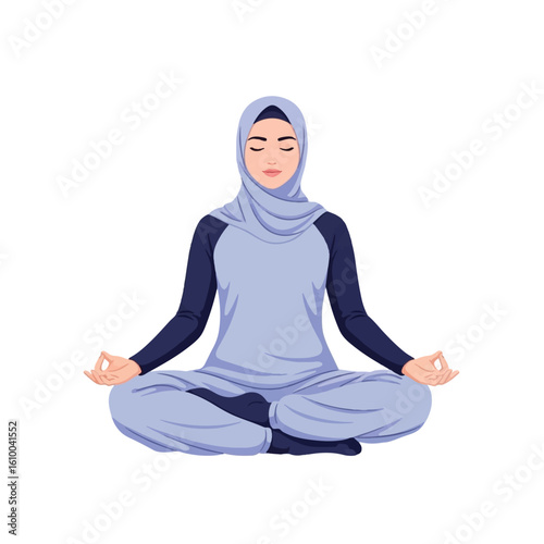 A woman in a hijab, seated in a meditative yoga pose, showcasing peaceful contemplation.