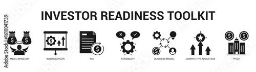 Investor Readiness Toolkit Modern and clean web banner illustration featuring thematic icons for visual communication