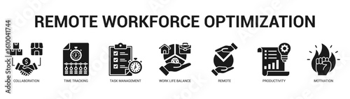 Remote Workforce Optimization Modern and clean web banner illustration featuring thematic icons for visual communication