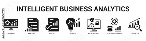 Intelligent Business Analytics Modern and clean web banner illustration featuring thematic icons for visual communication