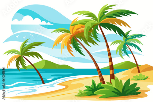 Vibrant vector illustration of a tropical beach with golden sand, turquoise ocean waves, and lush palm trees under a bright blue sky.