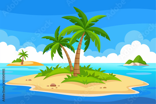 Vibrant vector illustration of a tropical beach with golden sand, turquoise ocean waves, and lush palm trees under a bright blue sky.