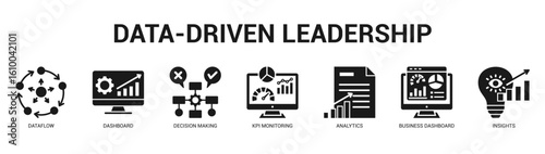 DataDriven Leadership Modern and clean web banner illustration featuring thematic icons for visual communication