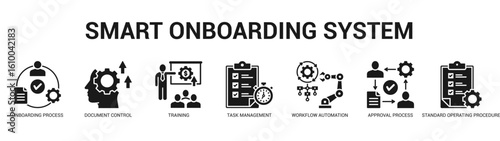 Smart Onboarding System Modern and clean web banner illustration featuring thematic icons for visual communication