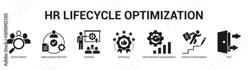 HR Lifecycle Optimization Modern and clean web banner illustration featuring thematic icons for visual communication