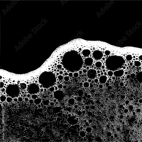 A detailed monochrome image showcasing a dense collection of white bubbles against a black background