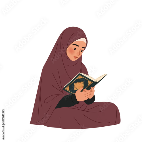A woman in a hijab sits reading a book with a golden cover.