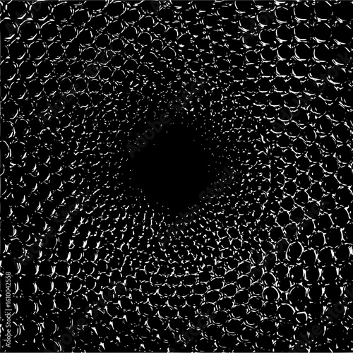 Abstract black and white vortex pattern with converging circles creating a tunnel effect design element