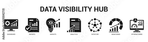 Data Visibility Hub Modern and clean web banner illustration featuring thematic icons for visual communication