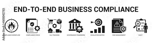 EndtoEnd Business Compliance Modern and clean web banner illustration featuring thematic icons for visual communication