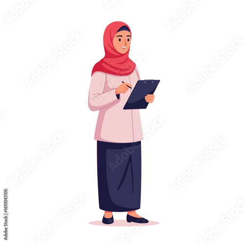 A Muslim woman in a hijab diligently takes notes on a clipboard.