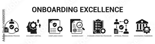 Onboarding Excellence Modern and clean web banner illustration featuring thematic icons for visual communication