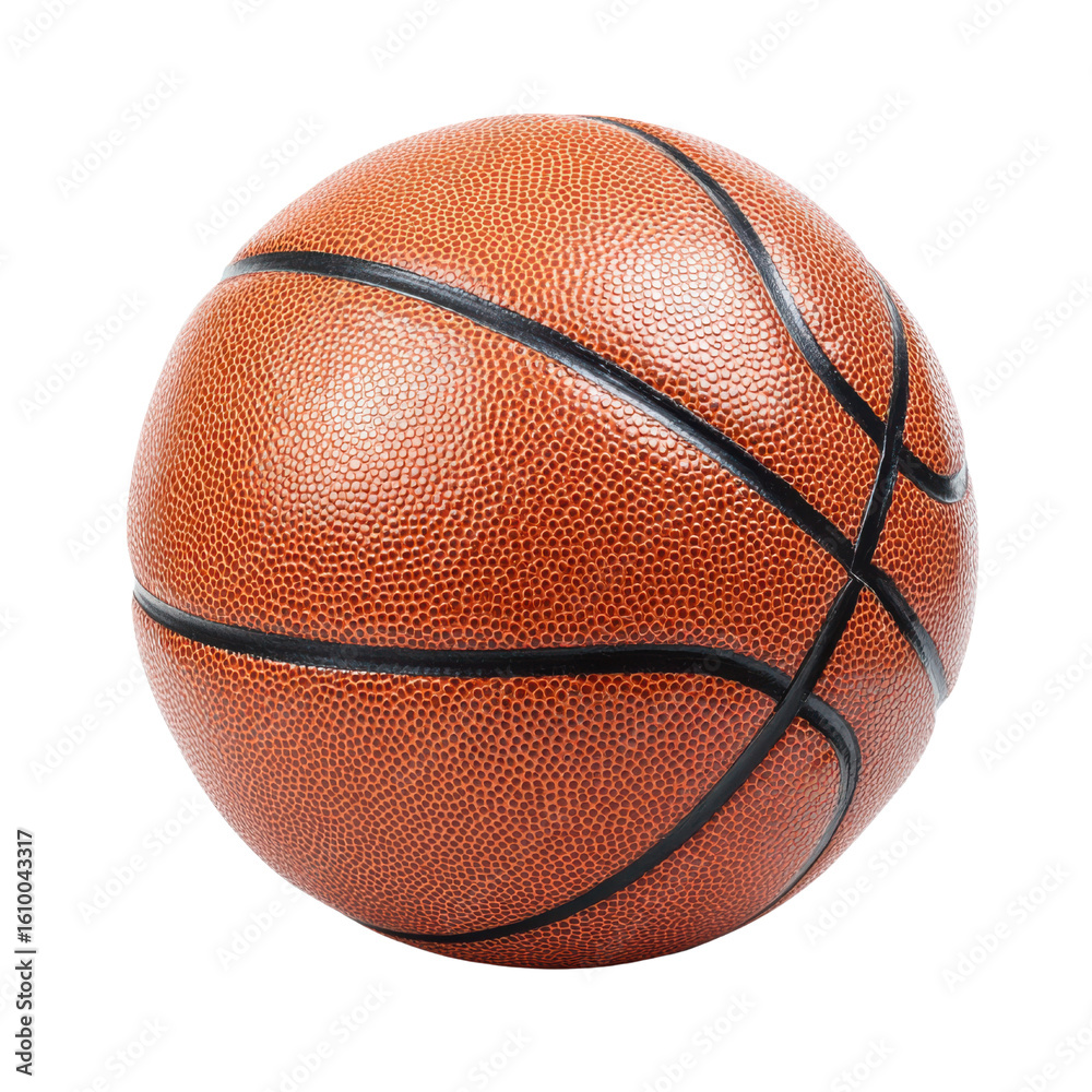 Fototapeta premium Textured orange basketball with black seams brown leather, Isolated On White, Png Transparent, Cut Out