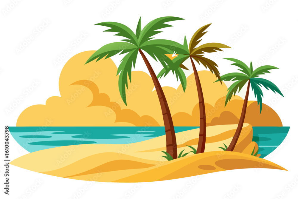 Obraz premium Vibrant vector illustration of a tropical beach with golden sand, turquoise ocean waves, and lush palm trees under a bright blue sky.