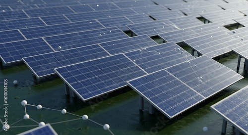 Concept of sustainable energy with a floating solar power plant and futuristic data network grid for clean electricity generation.