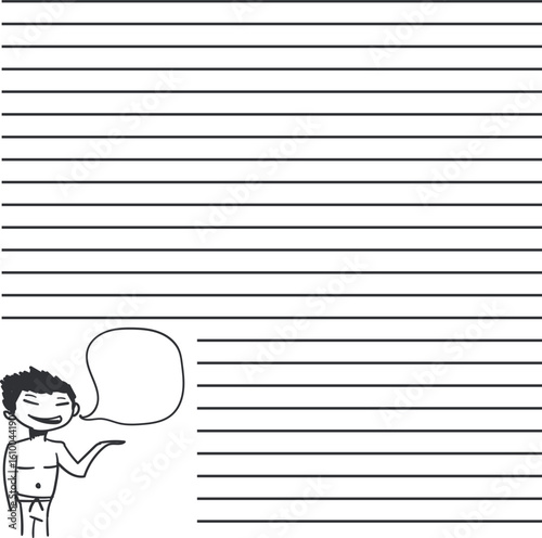 The notebook sheet contains a drawing of a speaking character.