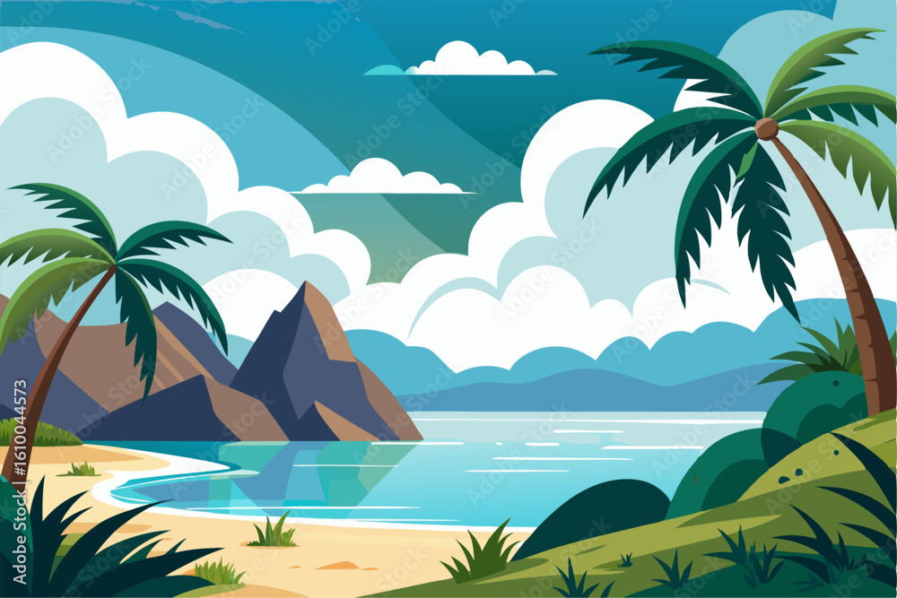 Fototapeta premium Vibrant vector illustration of a tropical beach with golden sand, turquoise ocean waves, and lush palm trees under a bright blue sky.
