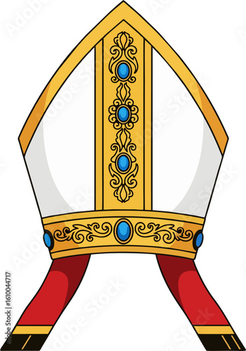 Elegant Catholic Bishop Mitre with Blue Gemstones and Red Ribbon Vector Illustration