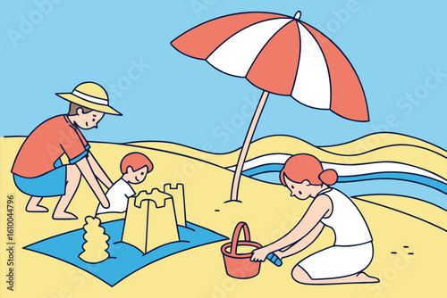 A family enjoys beachside bonding—building sandcastles and relaxing under an umbrella amid sun and waves, evoking summer joy, relaxation, and the warmth of cherished family memories.