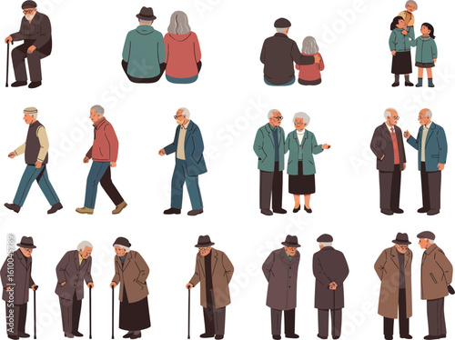 Collection of diverse elderly couples and individuals depicted in various poses and interactions showcasing companionship and active senior life