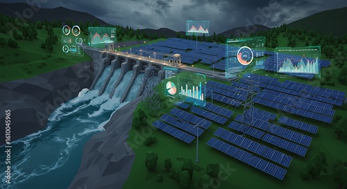 Harnessing Nature A Sustainable Energy Landscape with Hydroelectric Dam and Solar Panel Integration