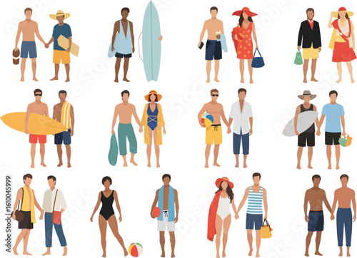 Diverse group of men and women in stylish summer beachwear and casual outfits enjoying a vacation together