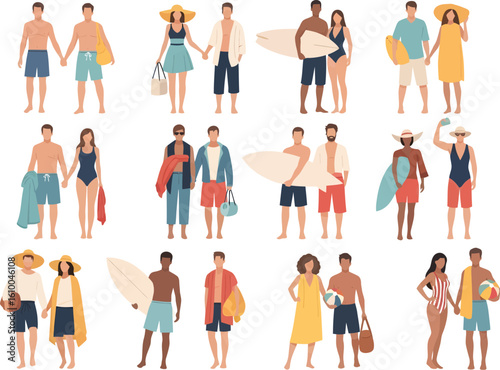 Diverse group of couples and individuals enjoying a sunny day at the beach in stylish summer attire