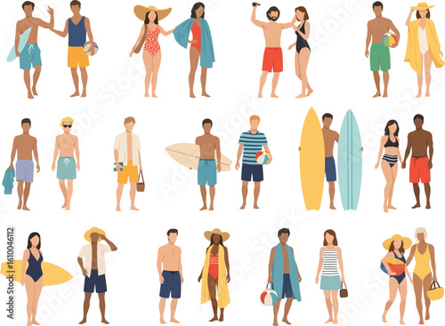 Diverse group of men and women in stylish beachwear and swimwear enjoying a sunny day at the seaside