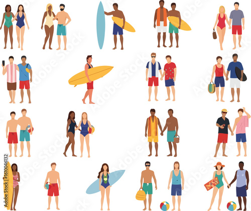 Diverse group of people enjoying a sunny day at the beach with surfboards and beach accessories