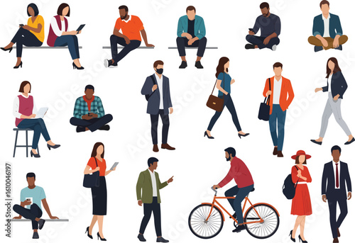 Diverse group of people in various casual poses and activities representing modern urban life and community engagement