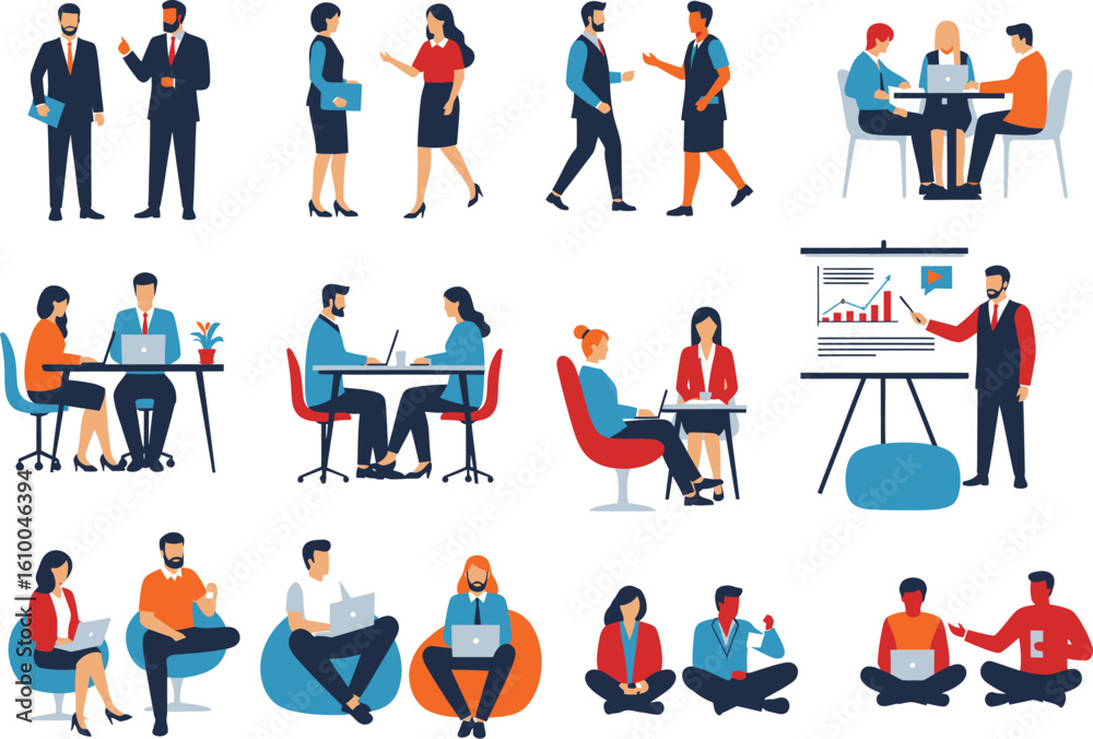 Diverse group of people in various business and casual settings collaborating and interacting in a modern flat illustration style Diverse group of people in various business and casual settings collaborating and interacting in a modern flat illustration style