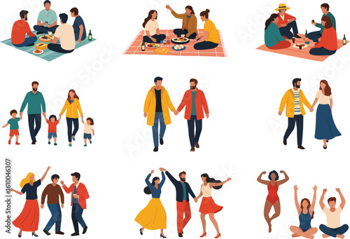 Diverse group of people enjoying various outdoor activities and celebrations in a vibrant stylized illustration