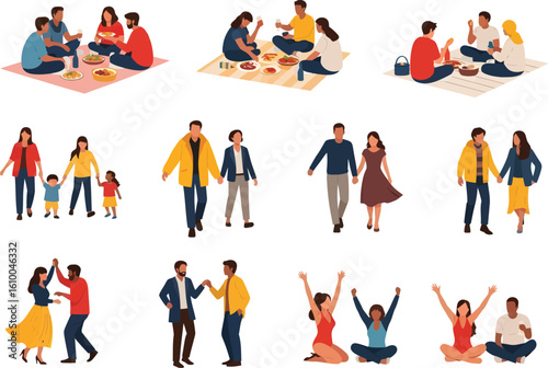 Diverse group of people enjoying various outdoor activities and social gatherings in a flat design illustration style
