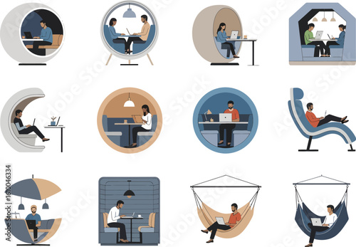 Diverse modern personal pods and seating arrangements offer private workspaces and relaxation zones for individuals
