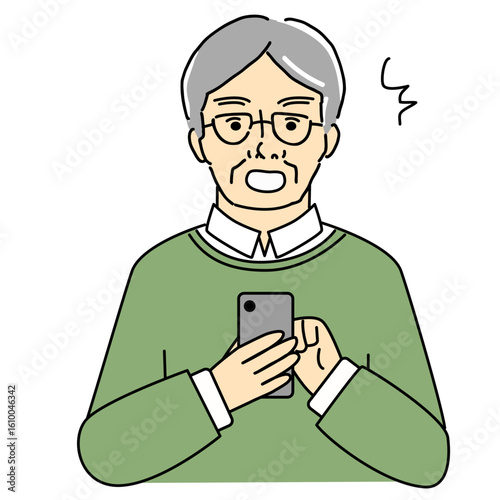 スマートフォンを見て驚いている高齢の男性のイラスト