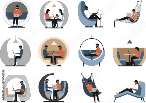 Diverse individuals enjoying modern private pods for work relaxation and social interaction in a contemporary setting