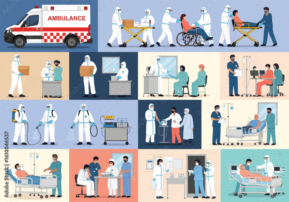 Fototapeta premium Diverse medical professionals providing patient care in various healthcare settings with an ambulance illustration