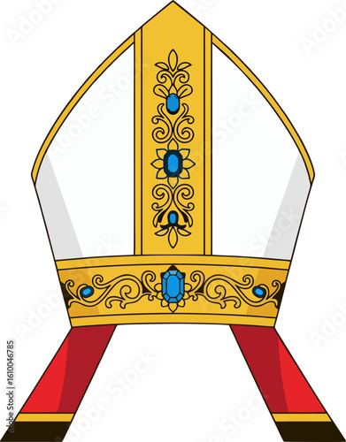 Illustration of a Ceremonial Bishop Mitre Hat with Gold Embellishments and Red Lappets