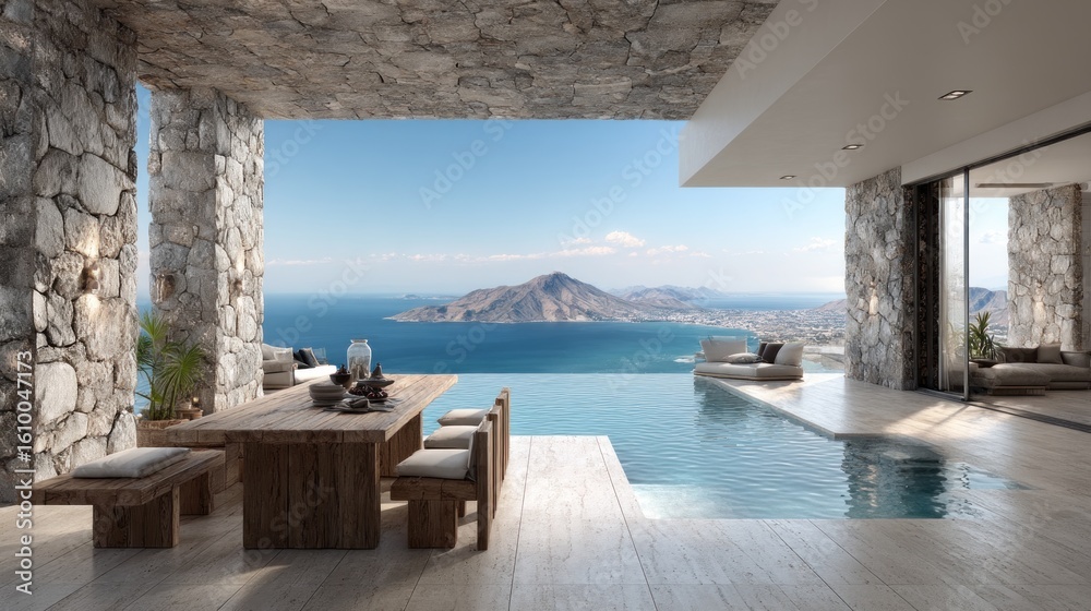 Fototapeta premium Luxury Infinity Pool Villa with Breathtaking Ocean and Island Views