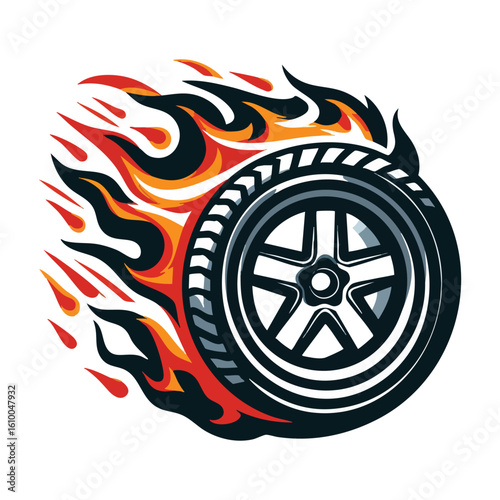 Burning race tire illustration, racing motorsport competition concept design