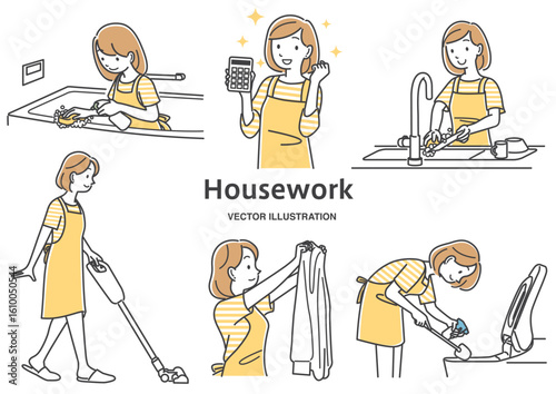家事をする若い女性のイラストセット素材