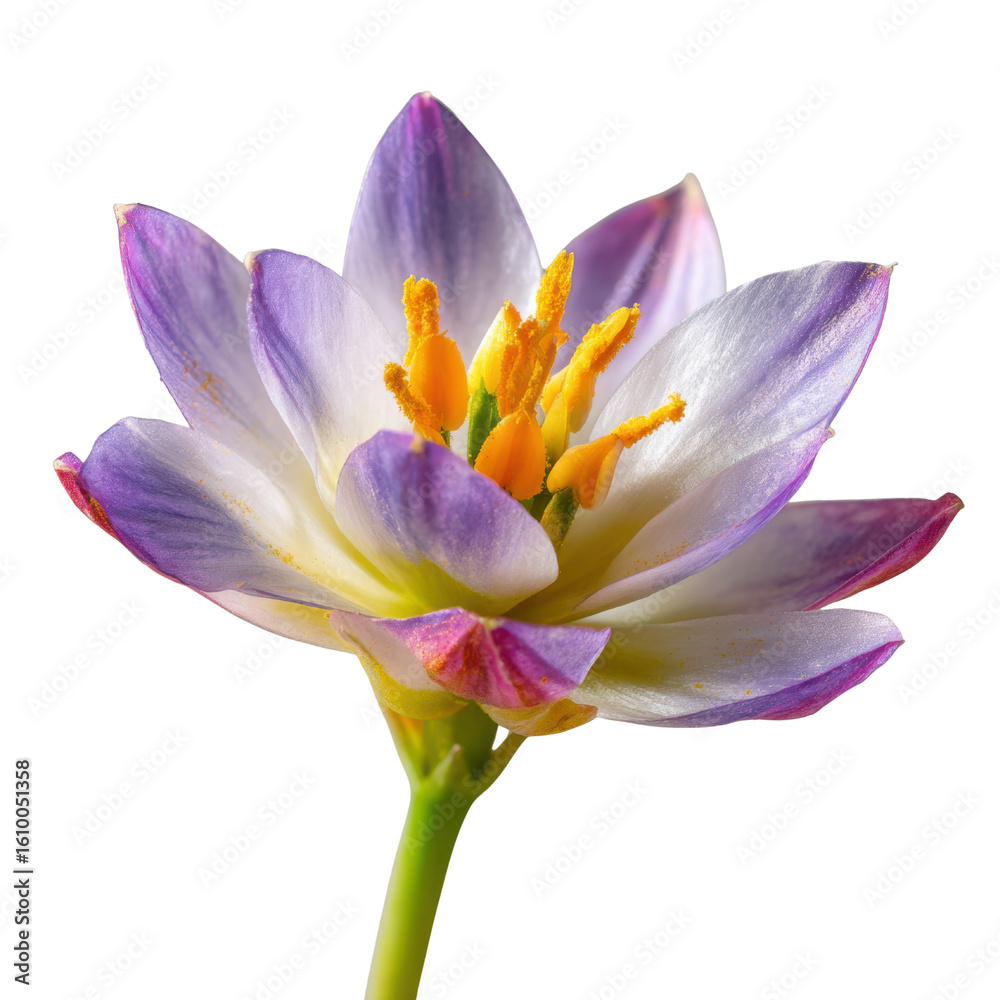 Fototapeta premium Delicate purple and white flower with yellow stamens against black image, Isolated On White, Png Transparent, Cut Out