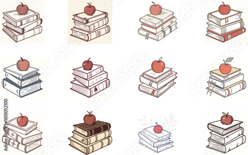 Stack of books with apples on top illustrating education and learning in line art